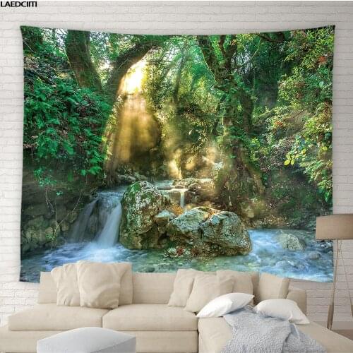 Natural Landscape Tapestry Forest Waterfall Scenery Wall Hanging Sunlight Stone Green Plants Leaf Background Cloth Home Decor
