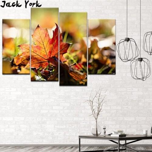 Canvas Painting Autumn leaves 4 Pieces Wall Art Painting Modular Wallpapers Poster Print living room Home Decor free shipping