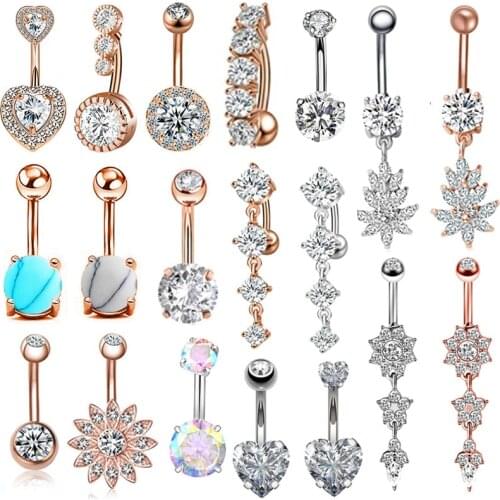 1PC Rose Gold Crystal Belly Piercing Ring 14G Surgical Steel Sunflower Belly Button Piercing Sexy Opal Navel Pircing Bar Ombligo