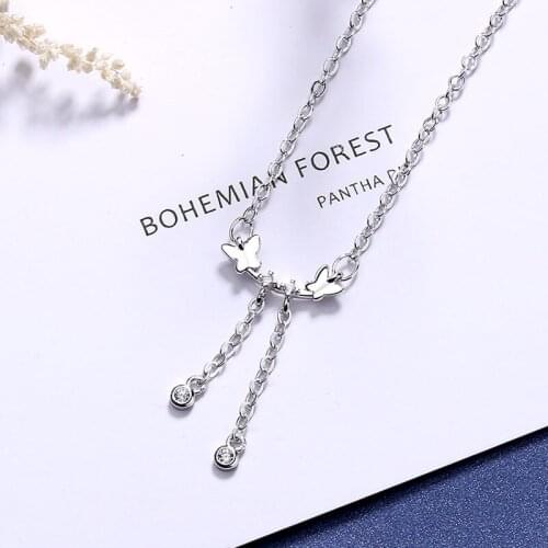 Korean Women Butterly Tassel Necklaces with CZ Zircon Stone Short Chokers Necklaces for Students collares