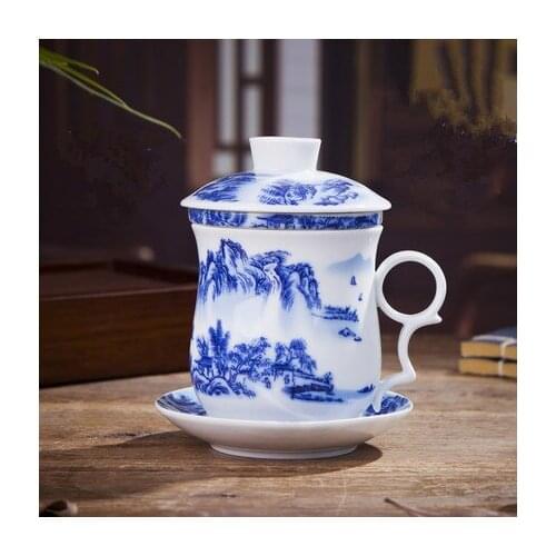 Brief Jingdezhen Ceramic Tea Cup High-temperature Firing Blue and White Porcelain Cup With Lid Filter Convenient Office Cup Gift