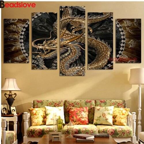 Round diamonds diamond embroidery Retro Chinese Dragon 5pcs diamond painting Cross-Stitch square rhinestone 5d diy home decor
