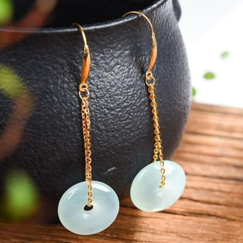 Xiao Liu Jade 18K gold-encrusted natural A-goods ice-frozen jade ear ornament Ping An buckle jade ear hook ear decoration certif