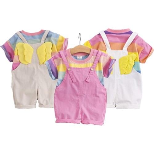 Cute Angel Small wings Baby Girls Clothing Set Pure Cotton Rainbow Stripe T-Shirt + Bib short Overalls Suit For Girl