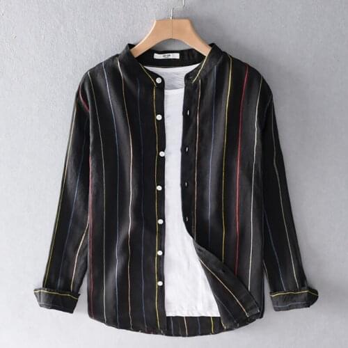 Striped stand collar pure linen brand shirt men long-sleeved casual shirts for men spring fashion breathable shirt mens overhemd