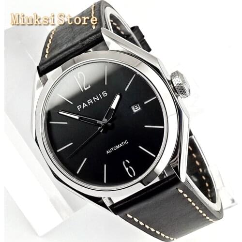 Parnis 43mm Mens Top Luxury Business Watch Silver Case Sapphire Crystal Luminous Leather Strap Miyota Movement Automatic Watch