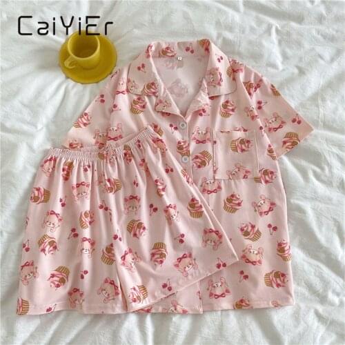 CAIYIER New Women Pajamas Suit Summer Short Sleeve Cute Pink Ice Cream Print Sleepwear Girl Leisure Pyjamas Leisure Wear Shorts