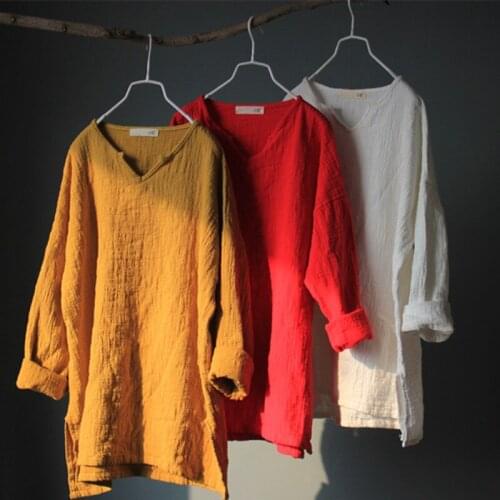 Original Spring Double Cotton Linen Women Long Sleeve pullover Female V-neck White Yellow Red flax cutton Blouse Top shirts