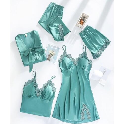 Bride Sleepwear Sleep Suit Sexy Womens 5PCS Lace Pajamas Sets V-Neck Satin Pijamas Spring Home Wear Nightwear Intimate Lingerie