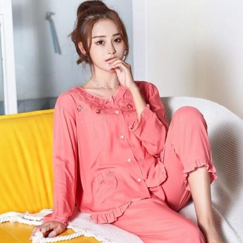 Long-sleeved pajamas womens watermelon red summer cotton increase confinement clothing loose home service suit thin bathrobe