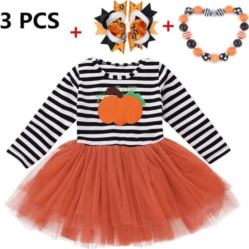 Halloween Girl Dress Black Stripes Pumpkin Embroidered Tulle Dress Children Boutique Clothing with Necklace J041