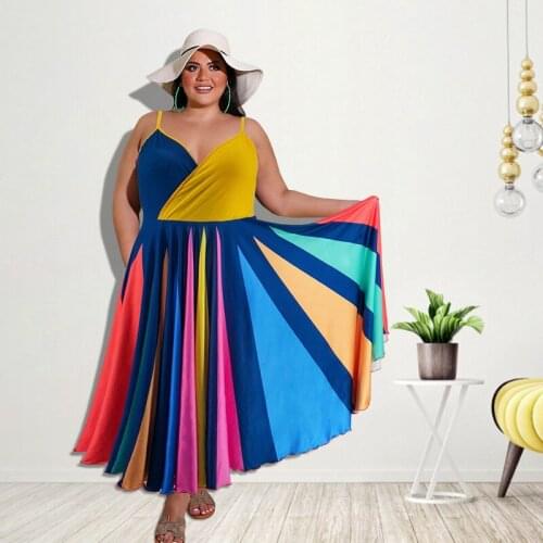 Adogirl Women Plus Size Dress Rainbow Patchwork Sleeveless V-neck Loose Pleated Maxi Long Dresses Sexy Party Vestidos Summer2021