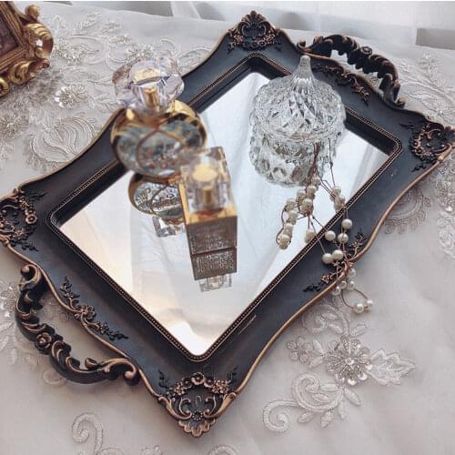 Golden Art Retro Mirror Tray Rectangular Skin Care Product Storage Tray French Retro Palace Style Bathroom Shelf Home Decoration