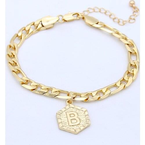 SRCOI Gold Color Hexagonal Medal 26 Letter Bracelet Punk Style Thick Chain Geometric Initial Name Charm Bohemia Bracelet Women