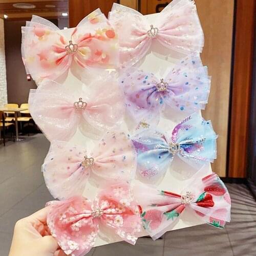 Spring Summer New Girls Cute Print Chiffon Big Bow Crown Hairpins Sweet Headband Hair Clips Barrettes Fashion Hair Accessories