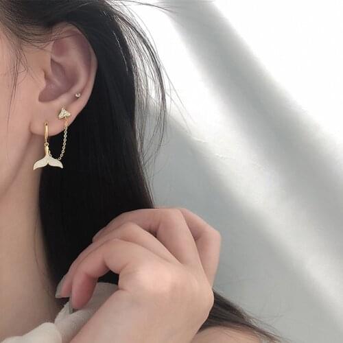 Womens Romantic Mermaid Tail Tassel Drop Earrings Micro Crystal Chain Two Hole Piercing Earring Stud Accessories For Lady Gifts