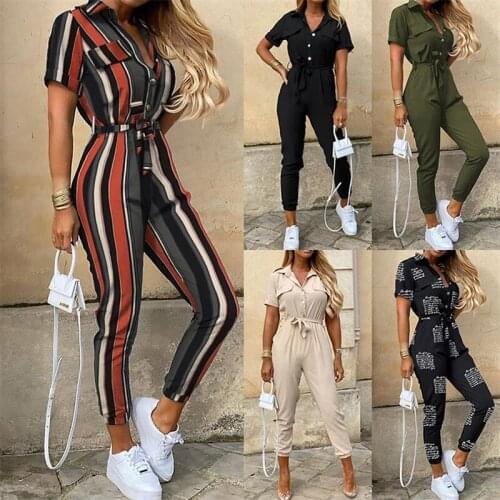 Hirigin Summer Women Jumpsuit Short Sleeve Turn-down Collar Waistband Striped Print Clothes Female Ladies Rompers Long Pants New