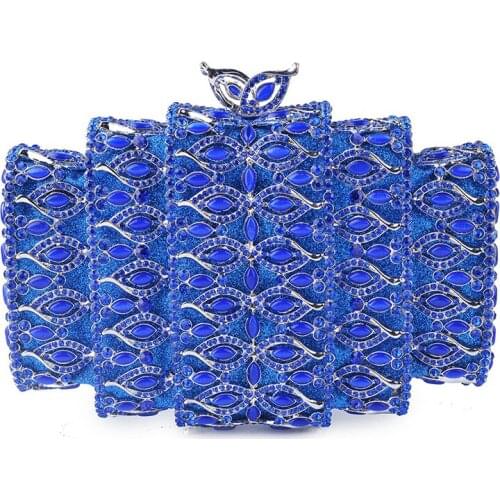 Blue Rhinestone Crystal Clutch Purse Silver Metal Evening Bags Clutches Hollow Out Women Party Clutch Lady Chain Shoulder Purse