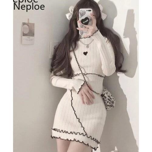 Neploe Womens Dress Knitted Robe Long Sleeve Mini Dresses Korean Bodycon Pencil Dresses Japanese Vestidos Ruffle Kawaii Clothes