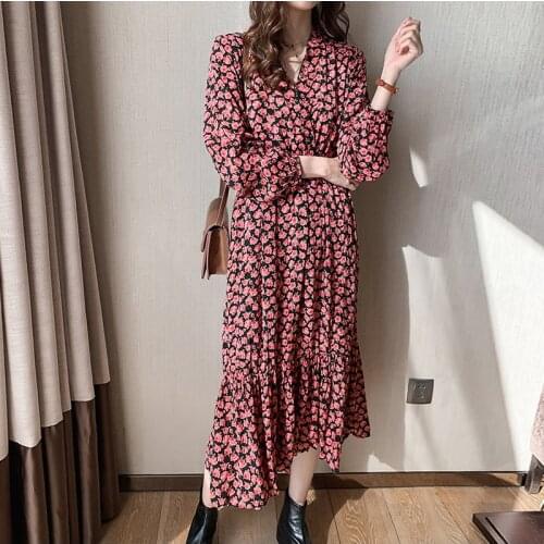 SURUFENG Women Retro Floral Dress V Neck Ruffles Long Vestido Autumn Elegant Chiffon Lantern Sleeve Elastic Waist Dresses Femme