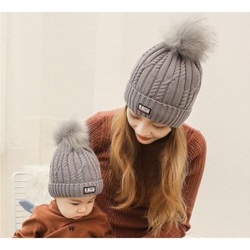Winter Fashion Mother And Kids Hat Warm Knitted Beanie Cap Child Baby Crochet Fur Ball Hats Parent-child Wool Caps