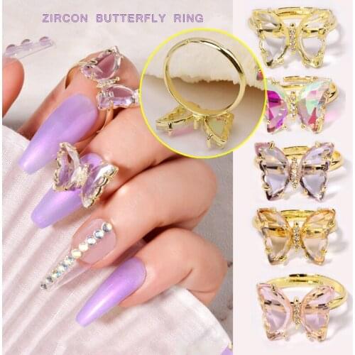 1pcs Shiny Crystal Butterfly Alloy Ring 3D Nail Art Rhinestone Decorations Luxury Diamond Glass Manicure Design Accessories