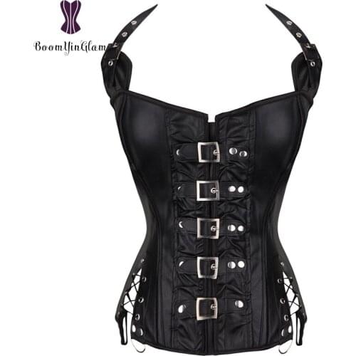 Wholesale steampunk gothic buckles up body shaper halterneck leather corsets & bustiers overbust with zip 901
