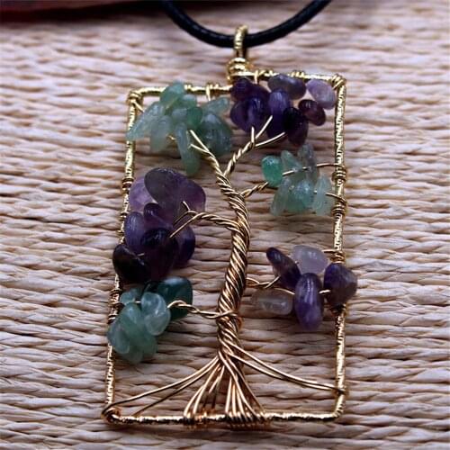 6pcs/lot Natural crystal square shape amethystss life tree Red coral necklace women necklace colorful DIY seven chakras jewelry