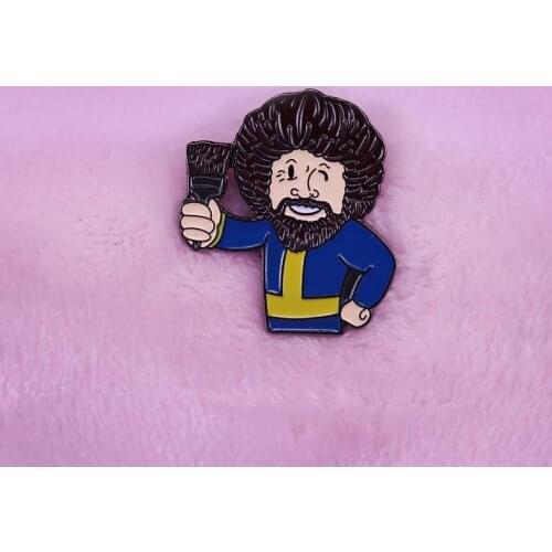 Bob Ross with brush enamel pin Fallout Vault boy brooch painter badge jewelry