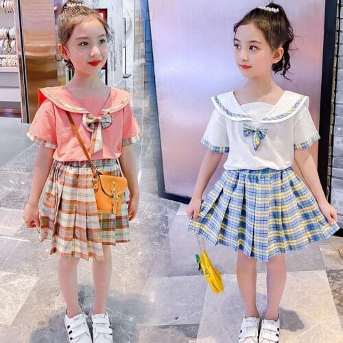 Kids Clothes Letter Tshirt + Plaid Skirt Clothing For Girls 2021 Summer Clothes Girl Teenage Tracksuit Kids 6 8 10 12