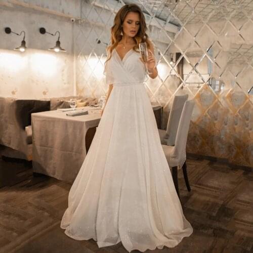 Fivsole 2021 Long Glitter Tulle Beach Wedding Dress V Neck Short Cap Sleeves Bridal Gown Gowns Brides Dresses