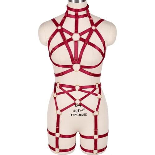 Womens Underwear Hollow Out Stockings Set Sexy Harness Bra Body Harness Garter Belt Goth Party Rave Wear Bdsm Erotic Lingerie