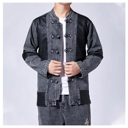 Chinese Style Denim Jean Jacket Mens Youth Large Casual Stand Collar Retro Embroidery Tang Suit Casual Streetwear Clothes Coat