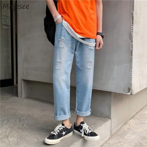 Jeans Men Distressed Holes Vintage Ripped Denim Trousers Loose Leisure Trendy Harajuku Streetwear All-match Cool Ulzzang Retro