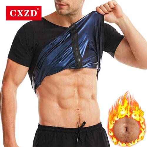 CXZD 2021 Men Sauna Shaper short-sleeved Waist Trainer Slimming Shaper Tank ion coating Zipper Shirt Thermo Corset Gym Workout
