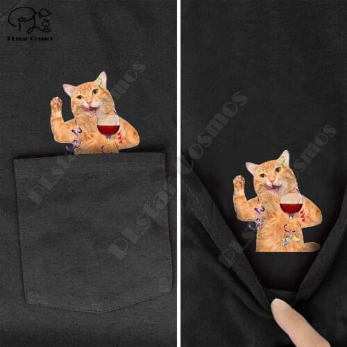 PLstar Cosmos T Shirt Fashion summer pocket Wine cat printed t-shirt men for women shirts tops funny cotton black tees style-1