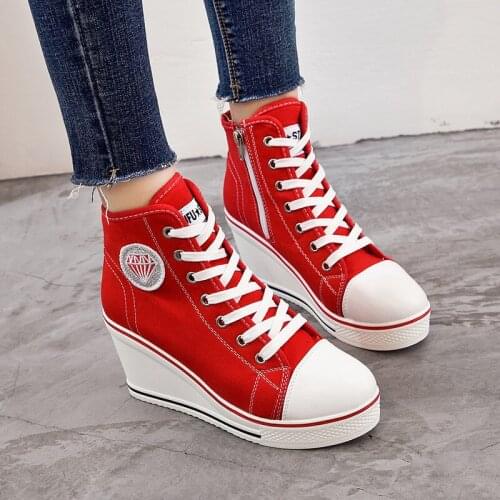 2021 Autumn New Womens Sequin High-top Shoes 8cm Women Canvas Shoes Hidden Wedges Casual Lace-up Zip platform Shoes