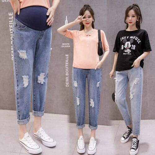 New Ripped Hole Denim Maternity Straight Jeans High Waist Cotton Belly Pants for Pregnant Women Summer Loose Pregnancy Trousers