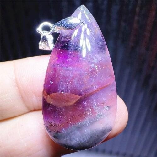 Genuine Natural Purple Red Auralite 23 Cacoxenite Pendant 39x20x7mm Rutilated Quartz Water Drop Women Men Necklace AAAAA