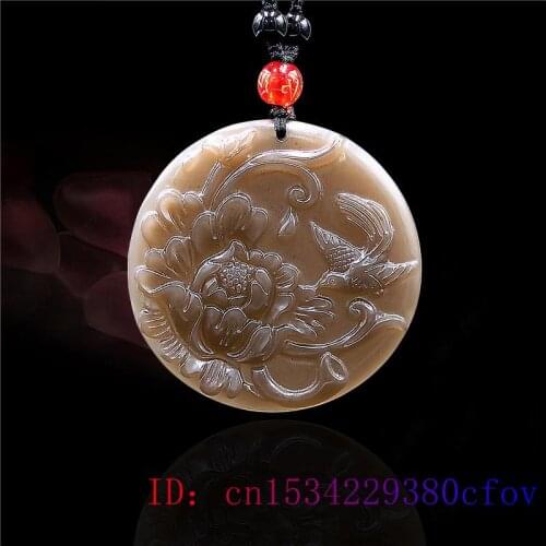 Brown Jade Rose Pendant Jadeite Flower Carved Gifts Women Natural Amulet Necklace for Charm Fashion Bird Jewelry Chinese