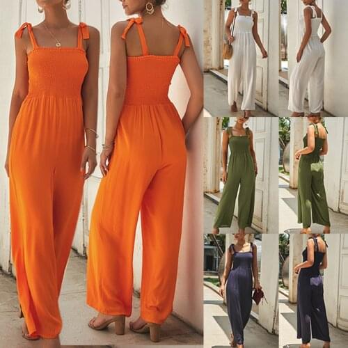 Hot Summer Womens Sleeveless Solid Wide Leg Long Pants Cool Jumpsuit Ladies Casual Holiday Beach Strappy Playsuit Scoop Neck