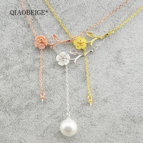 QIAOBEIGE beautiful shell flower design pendant necklace settings pearl mountings bead fittings tassel chain 925 sterling silver