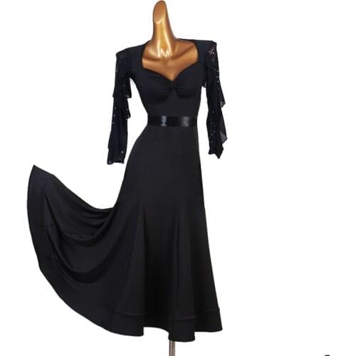 Modern Ballroom Dance Competition Dress For Women Kids/Adult Shiny Diamond Mesh Sleeve Clothes Waltz Dance Costumes DQL4211