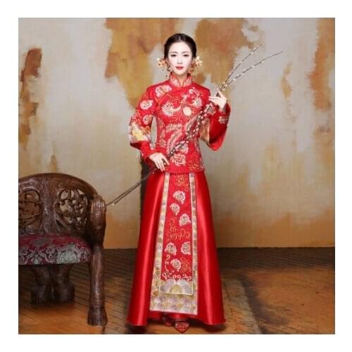 Oriental Chinese Traditional Wedding Dress Women Phoenix Embroidery Cheongsam Red Silk Qipao Bride Traditions Robe Chinoise