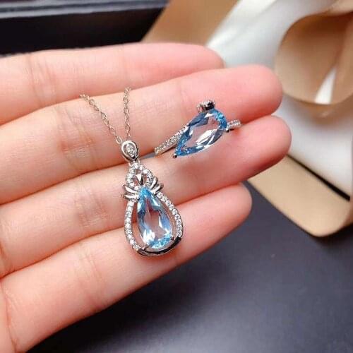 High-quality Sky Blue Topaz S925 Ring Pendant Necklace Set Classic Fine Fashion Jewelry for Women Free Shipping MeibaPJFS
