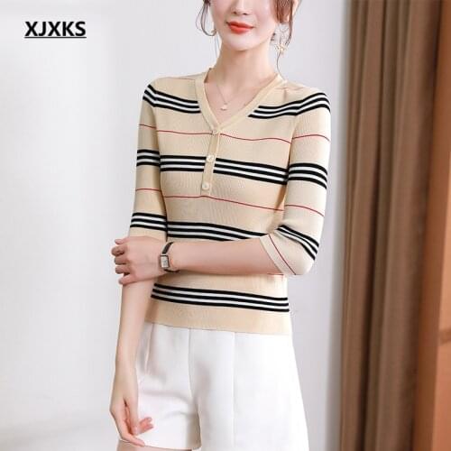 XJXKS 2021 summer new women high elasticity tops fashion three-quarter sleeve striped T-shirt women shirt