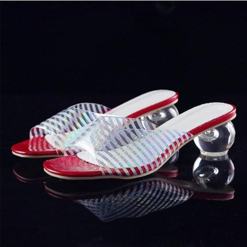 2021 Women Designer Sneakers Summer New Fashion Striped Open Toe Brand Round Heel Crystal heel sexy sandals and slippers