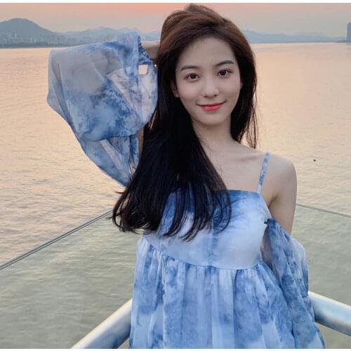 Woman Dresses Womens Shoulder Tie-Dyed off-Neck Slip Dress Travel Photography Dress Vestido De Mujer Femme Robe