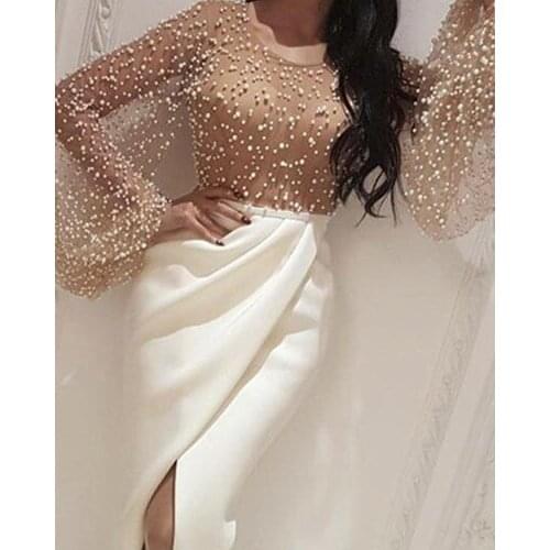 Beading Spliced Women Irregular Dress O-Neck Full Sleeve Sexy Club Bodycon Maxi Dresses Female Elegant Skinny Split Long Dresses