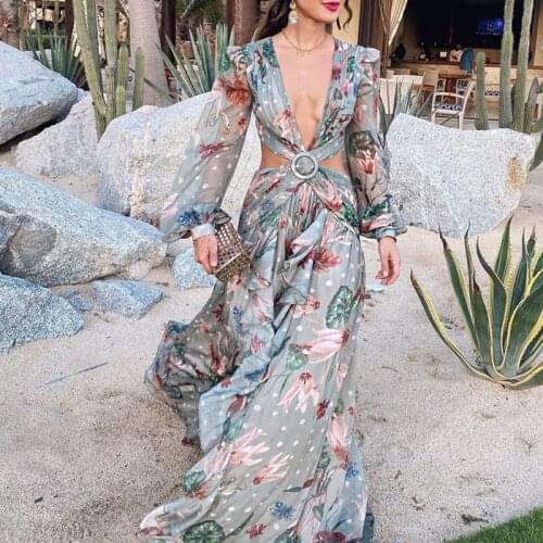 Women Sexy Deep V-Neck Hollow Out Long Dress Elegant Print Long Sleeve Lady Party Dress Vintage Rulles Slim Beach Dress Vestido